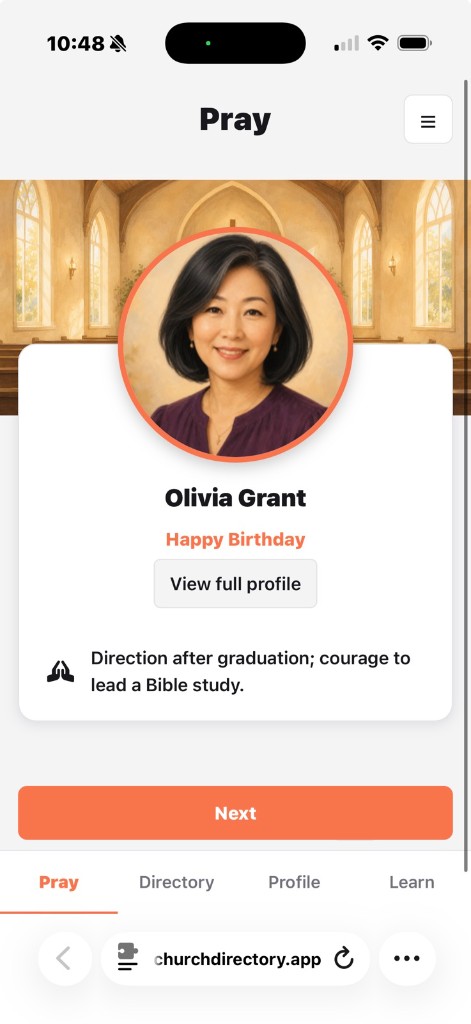 Church Directory app showing a prayer card for Olivia Grant with her photo and prayer request